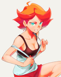 Rule 34 | 10s, 1girl, amanda o&#039;neill, bokujoukun, breasts, cleavage, green eyes, grey background, grin, little witch academia, looking at viewer, medium breasts, orange hair, short hair, short shorts, shorts, simple background, sitting, smile, solo, sports bra, strap slip, tank top