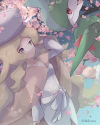 Rule 34 | 1girl, 343rone, blonde hair, butterfly hair ornament, caitlin (pokemon), cape, closed mouth, collarbone, commentary request, creatures (company), dress, eyelashes, gallade, game freak, gen 4 pokemon, green eyes, hair ornament, hat, highres, long hair, long sleeves, nintendo, parted bangs, pink cape, pokemon, pokemon (creature), pokemon bw, see-through cape, sidelocks, twitter username, very long hair, wavy hair, white dress