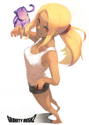 Rule 34 | 1girl, absurdres, animal, barefoot, black cat, blonde hair, breasts, cat, cleavage, dark-skinned female, dark skin, dusty (gravity daze), gravity daze, gravity daze 2, highres, jhc kai, kitten (gravity daze), long hair, looking at viewer, ponytail, red eyes, shirt, short shorts, shorts, simple background, smile, solo, white background