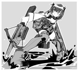 Rule 34 | 1girl, bike shorts, bow (weapon), crossbow, dated, greyscale, hair between eyes, headgear, highres, holding, holding crossbow, holding weapon, jacket, kantai collection, monochrome, parted lips, rigging, short hair, shorts, simple background, solo, standing, taihou (kancolle), thighhighs, uotsu (sabakou), water, weapon