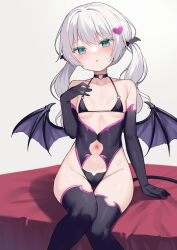 Rule 34 | 1girl, alexmaster, arm support, bat hair ornament, bat wings, bikini, black bikini, black choker, black gloves, black thighhighs, black wings, blue eyes, blush, breasts, choker, commentary request, demon girl, elbow gloves, gloves, hair ornament, hand up, heart, heart choker, heart hair ornament, highres, long hair, looking at viewer, navel, original, parted lips, partial commentary, simple background, sitting, small breasts, solo, swimsuit, thighhighs, twintails, white background, white hair, wings