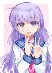 1girl absurdres angel_beats! female_focus highres irie_miyuki key_(company) long_hair long_sleeves looking_at_viewer open_mouth purple_eyes purple_hair shirt simple_background solo v very_long_hair white_shirt zuzuhashi