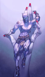 Rule 34 | 1boy, arm up, belt, bite the dust (jojo), blue sclera, brown belt, closed mouth, collarbone, colored sclera, colored skin, fingernails, hands up, high heels, highres, jojo no kimyou na bouken, killer queen, long fingernails, male focus, muscular, muscular male, nail polish, purple skin, purple theme, red nails, redrawn, sitting, slit pupils, solo, solo focus, spikes, stand (jojo), touge (kubiwa tsuki)