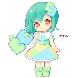 Rule 34 | 1girl, aikei ake, bare arms, blush, brown eyes, chibi, closed mouth, collared dress, dress, full body, green footwear, green hair, hair between eyes, hair ornament, hand up, head tilt, highres, long hair, multicolored clothes, multicolored dress, original, personification, puzzle piece, shoes, simple background, sleeveless, sleeveless dress, smile, solo, translation request, white background