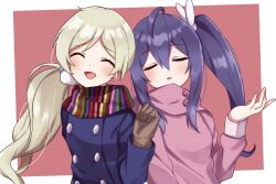 2girls ahoge blue_coat blush border breasts brown_gloves buttons closed_eyes coat dot_nose double-breasted double-parted_bangs eyelashes fluffy_hair gloves grey_hair hair_ornament hand_up handa_roco hood hoodie idolmaster idolmaster_million_live! idolmaster_million_live!_theater_days long_hair long_sleeves mochizuki_anna multicolored_clothes multicolored_scarf multiple_girls official_alternate_hairstyle open_mouth outside_border parted_bangs pink_background pink_hood pink_hoodie pocchari purple_hair scarf side_ponytail sidelocks small_breasts smile twintails upper_body very_long_hair wavy_hair white_border