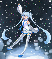 Rule 34 | 1girl, bad id, bad pixiv id, bare shoulders, blue eyes, blue hair, boots, detached sleeves, female focus, full body, hareno chiame, hatsune miku, high heel boots, high heels, long hair, matching hair/eyes, necktie, open mouth, outdoors, platform footwear, pointing, skirt, solo, thigh boots, thighhighs, twintails, very long hair, vocaloid, yuki miku, zettai ryouiki