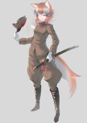 Rule 34 | 10s, akuma (st.takuma), alternate costume, animal ears, boots, check commentary, commentary request, full body, gloves, hat, unworn hat, unworn headwear, holding, holding sword, holding weapon, imperial japanese army, jacket, japanese wolf (kemono friends), katana, kemono friends, long hair, military, military hat, military jacket, military uniform, multicolored hair, one eye closed, orange hair, puffy pants, saya (scabbard), sheath, sheathed, simple background, solo, sword, tail, two-tone hair, uniform, weapon, white gloves, white hair, yellow eyes