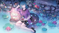 Rule 34 | 1girl, ;), album cover, arm support, black footwear, black ribbon, black skirt, blue eyes, blue flower, blue hair, buttons, chain, character doll, childwolf, chinese clothes, chinese commentary, closed mouth, commentary, cover, flower, glowing, grass, hair ornament, hair rings, hair stick, high heels, highres, holding, holding stuffed toy, kaku seiga, lantern, layered sleeves, lily (flower), lily pad, looking at viewer, medium hair, miyako yoshika, one eye closed, outdoors, pink flower, plaid, plaid skirt, purple vest, red flower, ribbon, rock, rose, shirt, sitting, skirt, smile, solo, spider lily, striped clothes, striped shirt, stuffed toy, tangzhuang, touhou, tulip, vest, water, yokozuwari
