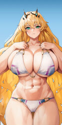 Rule 34 | 1girl, abs, absurdres, bare shoulders, barghest (fate), barghest (swimsuit archer) (fate), barghest (swimsuit archer) (final ascension) (fate), biceps, bikini, blonde hair, blush, breasts, cleavage, collarbone, fate/grand order, fate (series), green eyes, highres, horns, huge breasts, kiya hajime, long hair, looking at viewer, multicolored bikini, multicolored clothes, muscular, muscular female, navel, solo, swimsuit, thick thighs, thighs, white bikini