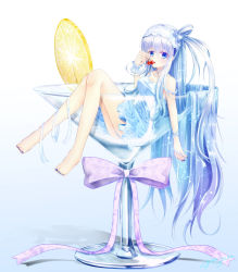 Rule 34 | 1girl, absurdres, barefoot, blue dress, blue eyes, blue nails, bow, breasts, cherry, cleavage, cocktail glass, cup, dress, drinking glass, eating, food, fruit, hair bow, hairband, highres, lemon, lemon slice, long hair, medium breasts, nail polish, original, silver hair, sitting, solo, strap slip, very long hair, yuitsuki1206