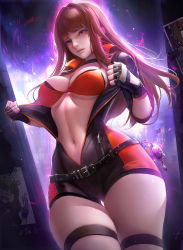 Rule 34 | 1girl, absurdres, ahoge, bandaid, bandaid on face, bandaid on nose, bikini, bikini top only, blouse, blunt bangs, blurry, bodysuit, breasts, brown hair, buckle, cleavage, curvy, depth of field, dungeon and fighter, dungeon fighter, female brawler (dungeon and fighter), fighter (dungeon and fighter), flute (artist), glowing, highres, jumpsuit, large breasts, long hair, navel, open bodysuit, open clothes, open shirt, parted lips, pink eyes, scar, shirt, shorts, skindentation, solo, swimsuit, thick thighs, thigh gap, thigh strap, thighhighs, thighs, underboob, undressing, wide hips