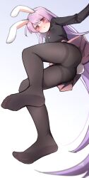 Rule 34 | 1girl, absurdres, animal ears, ass, black pantyhose, blazer, full body, guming diban, highres, jacket, long hair, long sleeves, looking at viewer, looking down, open mouth, pantyhose, pink skirt, purple hair, rabbit ears, rabbit girl, rabbit tail, red eyes, reisen udongein inaba, skirt, tail, touhou, very long hair