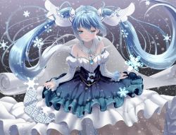 Rule 34 | 1girl, blue eyes, blue hair, blue skirt, cape, closed mouth, detached collar, detached sleeves, diadem, floating hair, hair between eyes, hatsune miku, layered skirt, long hair, long skirt, long sleeves, mueririko, shirt, skirt, sleeveless, sleeveless shirt, smile, snow, snowflakes, solo, standing, striped clothes, striped shirt, striped sleeves, very long hair, vocaloid, white cape, white legwear, white shirt, white sleeves, yuki miku, yuki miku (2019)