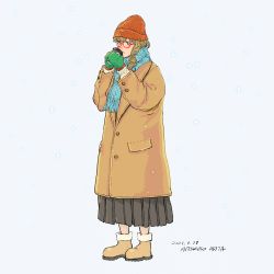 Rule 34 | 1girl, aqua scarf, arita mitsuhiro, beanie, boots, brown coat, brown footwear, brown hair, brown skirt, coat, dated, drinking, full body, glasses, green mittens, hands up, hat, highres, long coat, long hair, mittens, original, pleated skirt, red-framed eyewear, red hat, scarf, signature, simple background, skirt, solo, standing, white background, winter clothes