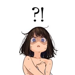 Rule 34 | !?, 1girl, bed sheet, blue eyes, brown hair, douki-chan (douki-chan), ganbare douki-chan, highres, looking at viewer, messy hair, naked sheet, nude, open mouth, simple background, solo, sweat, upper body, white background, yomu (sgt epper)