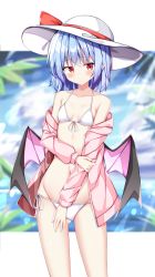 Rule 34 | 1girl, bad id, bad pixiv id, bat wings, bikini, blue hair, breasts, cleavage, closed mouth, groin, hat, hat ribbon, highres, jacket, looking at viewer, navel, open clothes, open jacket, pink jacket, pointy ears, red eyes, red ribbon, remilia scarlet, ribbon, sabana, short hair, small breasts, solo, standing, swimsuit, touhou, white bikini, white hat, wings