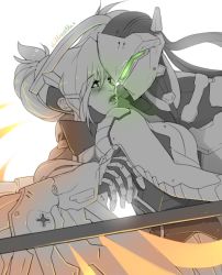 Rule 34 | 1boy, 1girl, armor, artist name, blush, bodysuit, breasts, cyborg, eyebrows, face-to-face, genji (overwatch), glowing, glowing wings, greyscale, hair ornament, hairclip, halo, hands on another&#039;s back, headband, helmet, hetero, ladylillieath, lips, long sleeves, looking at another, mask, mechanical halo, mechanical wings, medium breasts, mercy (overwatch), monochrome, overwatch, overwatch 1, parted lips, ponytail, power armor, simple background, spot color, upper body, veil, white background, wings, yellow wings