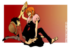Rule 34 | 1boy, 1girl, black dress, black hair, black pants, collared shirt, copyright name, dress, feather boa, formal, frown, monkey d. luffy, nami (one piece), one piece, one piece: strong world, orange hair, pants, pixiv sample, red shirt, resized, sandals, shell, shirt, smile