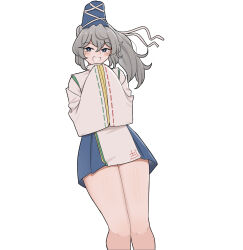 Rule 34 | 1girl, :d, blue hat, blue skirt, commentary, english commentary, grey eyes, grey hair, hat, highres, japanese clothes, kariginu, long sleeves, looking at viewer, mata (matasoup), medium hair, mononobe no futo, open mouth, ribbon-trimmed sleeves, ribbon trim, simple background, skirt, smile, solo, tate eboshi, touhou, white background, wide sleeves