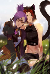 Rule 34 | 10s, 2girls, animal ears, arm around shoulder, au ra, cat ears, cat tail, closed eyes, facial mark, final fantasy, final fantasy xiv, grass, highres, horns, midriff, miqo&#039;te, multiple girls, navel, red hair, sitting, smile, tail, tovio rogers, wariza