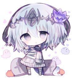 Rule 34 | 1girl, :o, \m/, bad id, bad pixiv id, bandaged leg, bandages, blue hair, blush, chibi, cottontailtokki, dragon horns, dress, flower, full body, ghost, grey eyes, hair between eyes, hair flower, hair ornament, headpiece, horns, long hair, long sleeves, looking at viewer, parted lips, pumpkin, purple flower, shadowverse, sleeves past fingers, sleeves past wrists, solo, standing, sweater, sweater dress, tombstone, white background, white sweater, whitefrost dragonewt filene