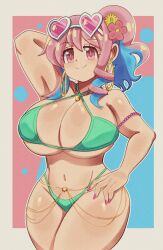 Rule 34 | 1girl, absurdres, bikini, blue background, blue hair, breasts, collar, collarbone, cowboy shot, curvy, dot nose, earrings, ears, eyelashes, female focus, flower, glasses, glasses on head, green bikini, gyaru, hair flower, hair ornament, heart glasses, highres, hozuki kaede, huge breasts, jewelry, legs, long hair, looking at viewer, lueduar, matching hair/eyes, navel, o-ring, onii-chan wa oshimai!, pink background, pink eyes, pink hair, pink pupils, side ponytail, smile, solo, standing, swimsuit, thick thighs, thighs, underwear, wide hips