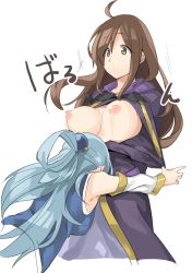 Rule 34 | 10s, 2girls, ahoge, aqua (konosuba), assisted exposure, bad id, bad twitter id, bare shoulders, blue hair, bouncing breasts, breasts, breasts out, brown hair, commentary request, detached sleeves, expressionless, hair ornament, hair rings, highres, kono subarashii sekai ni shukufuku wo!, large breasts, long hair, motion blur, muchi maro, multiple girls, nipples, no bra, pulling another&#039;s clothes, robe, simple background, sleeveless, standing, white background, wiz (konosuba), yellow eyes