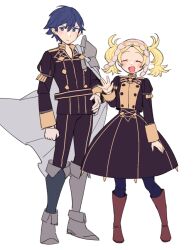 Rule 34 | 1boy, 1girl, asymmetrical footwear, blue eyes, boots, brother and sister, capelet, chrom (fire emblem), do m kaeru, fire emblem, fire emblem awakening, garreg mach monastery uniform, leggings, lissa (fire emblem), looking at viewer, mismatched footwear, nintendo, open mouth, siblings, smile, twintails, v-shaped eyebrows, waving, white background, white capelet