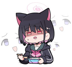 Rule 34 | 1girl, :d, animal ears, black choker, black hair, black hoodie, blue archive, blue eyes, chibi, choker, collarbone, commentary request, cropped torso, drawstring, green sailor collar, hair ornament, hairclip, halo, holding, holding spoon, hood, hood down, hoodie, kazusa (blue archive), long sleeves, multicolored hair, nyaru (nyaru 4126), open mouth, pink hair, puffy long sleeves, puffy sleeves, red eyes, reisa (blue archive), sailor collar, simple background, smile, spoon, trembling, two-tone hair, upper body, white background
