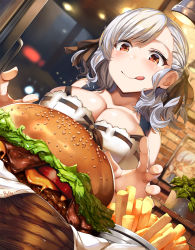 Rule 34 | 1girl, :q, bare shoulders, belko, black ribbon, blush, braid, breasts, burger, casual, cheese, chips (food), cleavage, collarbone, commentary, dress, dutch angle, english commentary, food, framed image, girls&#039; frontline, hair ribbon, hands up, highres, indoors, large breasts, lettuce, licking lips, light, long hair, night, plant, potted plant, red eyes, ribbon, ribbon-trimmed dress, signature, silver hair, sitting, smile, solo, spas-12 (girls&#039; frontline), tomato, tongue, tongue out, tray, twintails, window