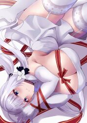 Rule 34 | 1girl, azur lane, bare shoulders, blue eyes, blush, breasts, cleavage, dress, elbow gloves, gloves, highres, illustrious (azur lane), large breasts, long hair, looking at viewer, mole, mole under eye, smile, solo, thighhighs, thighs, tri tails, wee (weeyy), white dress, white gloves, white hair, white thighhighs