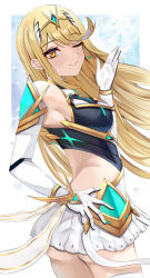 Rule 34 | 1girl, ass, blonde hair, border, breasts, commentary request, eyelashes, gloves, highres, kyaro (wanu 14), long hair, medium breasts, mythra (xenoblade), one eye closed, smile, solo, tiara, white border, white gloves, white sleeves, xenoblade chronicles (series), xenoblade chronicles 2, yellow eyes