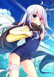 Rule 34 | 1girl, ahoge, bandaged arm, bandaged leg, bandages, bare arms, bare shoulders, blue eyes, blue one-piece swimsuit, blue sky, blush, body writing, breasts, brown scarf, chain-link fence, chestnut mouth, chuunibyou, cloud, covered navel, day, fence, fingernails, glowing, glowing eye, hair between eyes, hair ornament, hanamiya natsuka, hand up, hexagram, holding, kickboard, long hair, old school swimsuit, one-piece swimsuit, original, outdoors, parted lips, red eyes, scarf, school swimsuit, silver hair, sky, small breasts, solo, swimsuit, twintails, very long hair, x hair ornament