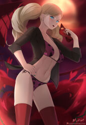 Rule 34 | 1girl, absurdres, bikini, black jacket, blonde hair, blue eyes, blue nails, breasts, cleavage, collarbone, earrings, groin, hand on own hip, highres, holding, holding mask, jacket, jewelry, large breasts, long hair, looking at viewer, mask, nail polish, navel, open clothes, open jacket, open mouth, parted bangs, patreon logo, patreon username, persona, persona 5, pink bikini, red thighhighs, side-tie bikini bottom, signature, sleeves rolled up, solo, standing, swimsuit, takamaki anne, thighhighs, twintails, underboob, vilde loh hocen
