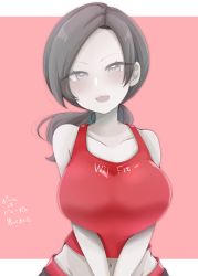 Rule 34 | 1girl, bare shoulders, black hair, blush, breasts, capri pants, chiji komari, collarbone, colored skin, grey eyes, groin, highres, large breasts, long hair, looking at viewer, midriff, navel, nintendo, open mouth, pants, pink background, ponytail, simple background, sleeveless, smile, solo, super smash bros., tank top, translated, upper body, white skin, wii fit, wii fit trainer, wii fit trainer (female)