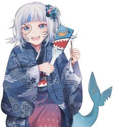 Rule 34 | 1girl, :d, blue eyes, blue hair, blue kimono, blue nails, breasts, commentary, egasumi, english commentary, facepaint, facial mark, fins, fish tail, floral print, flower, gawr gura, hagoita, hair flower, hair ornament, hanetsuki, haori, holding, holding paintbrush, hololive, hololive english, japanese clothes, kimono, looking at viewer, mitsumine (ookami no oyashiro), multicolored hair, nail polish, open mouth, paddle, paintbrush, shark hair ornament, shark tail, sharp teeth, silver hair, smile, solo, streaked hair, tail, teeth, transparent background, virtual youtuber, whisker markings