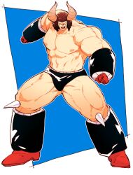 1boy abs afro blue_background buffaloman clenched_hands cow_horns horns kinnikuman male_focus muscular muscular_male nipples pectorals red_footwear spikes standing white_background wrestling_trunks yazaki_(yazakc) yellow_eyes