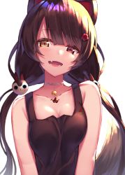 Rule 34 | 1girl, :d, absurdres, animal ears, bare shoulders, bell, black hair, breasts, cat ears, cat hair ornament, choker, cleavage, collarbone, commentary request, eyelashes, fang, hair ornament, heterochromia, highres, inui toko, jingle bell, long hair, looking at viewer, low twintails, medium breasts, neck bell, nijisanji, open mouth, origami, red eyes, sleeveless, smile, solo, tank top, twintails, upper body, very long hair, virtual youtuber, white choker, yellow eyes, yuuki nao (pixiv10696483)