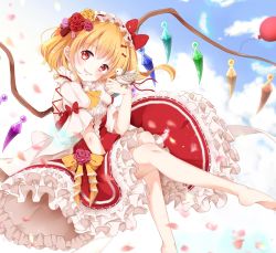Rule 34 | 1girl, animal, balloon, bare legs, barefoot, bird, blonde hair, blue sky, bow, cloud, day, dress, fang, feathers, flandre scarlet, flower, frilled dress, frills, grin, hair flower, hair ornament, highres, mumu-crown, petals, petticoat, red eyes, short hair, sky, smile, solo, touhou, vampire, white feathers, wings