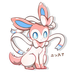 Rule 34 | animal focus, asafiy, blue eyes, bow, creatures (company), game freak, gen 6 pokemon, highres, nintendo, no humans, pink bow, pokemon, pokemon (creature), ribbon, simple background, sitting, smile, solid oval eyes, solo, sylveon, translated, two-tone bow, white background, white bow, white fur, white ribbon