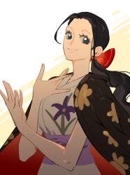 Rule 34 | 1girl, black hair, blue eyes, commentary, eyelashes, floral print, japanese clothes, kimono, looking at viewer, low ponytail, nico robin, obi, one piece, ponytail, purple sash, raine (acke2445), red ribbon, ribbon, sash, sidelocks, smile, solo, symbol-only commentary, upper body