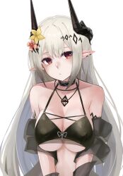 Rule 34 | 1girl, arknights, armlet, bare shoulders, bikini, black bikini, black choker, blush, breasts, choker, cleavage, closed mouth, collarbone, earrings, flower, hair flower, hair ornament, highres, horns, idashige (walkietalkie), jewelry, large breasts, looking at viewer, material growth, mudrock (arknights), mudrock (silent night) (arknights), necklace, official alternate costume, oripathy lesion (arknights), pointy ears, red eyes, simple background, solo, swimsuit, upper body, white background, yellow flower