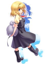Rule 34 | 1girl, air (visual novel), alternate hair length, alternate hairstyle, arms behind back, black dress, black footwear, blonde hair, blue eyes, blush, boots, breasts, closed mouth, commentary request, dress, drop shadow, eyelashes, floating hair, from side, full body, hair between eyes, hair intakes, holding, holding stuffed toy, kamio misuzu, looking at viewer, medium breasts, medium hair, necktie, profile, puffy short sleeves, puffy sleeves, red necktie, school uniform, shirt, short necktie, short sleeves, sideways glance, simple background, sleeveless, sleeveless dress, smile, solo, standing, standing on one leg, stuffed dinosaur, stuffed toy, white background, yellow shirt, zen (kamuro)