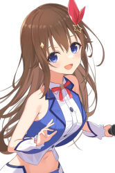 Rule 34 | 1girl, bare shoulders, blue eyes, blue vest, breasts, brown hair, buttons, collared shirt, crop top, cropped vest, hair ornament, hair ribbon, highres, holding, holding microphone, hololive, kiukoma, long hair, medium breasts, microphone, navel, neck ribbon, open mouth, red ribbon, ribbon, shirt, sleeveless, sleeveless shirt, solo, star (symbol), star hair ornament, tokino sora, tokino sora (1st costume), vest, virtual youtuber, white shirt, white wrist cuffs, wrist cuffs