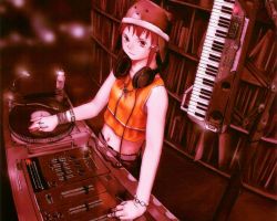 Rule 34 | 1990s (style), 1girl, abe yoshitoshi, animal ears, bear ears, bottle, bracelet, brown eyes, brown hair, cowboy shot, dj, female focus, hair ornament, hairclip, hat, headphones, headphones around neck, indoors, instrument, iwakura lain, jewelry, keyboard, keyboard (instrument), midriff, mixer, necklace, official art, phonograph, ring, serial experiments lain, solo, standing, turntable