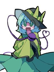 Rule 34 | 1girl, black hat, bright pupils, chinese commentary, collared shirt, commentary request, eyes visible through hair, eyes visible through headwear, frilled sleeves, frills, green eyes, green hair, green skirt, happy, hat, hat ribbon, highres, komeiji koishi, looking at viewer, medium hair, no nose, open mouth, ribbon, rinyo, shirt, simple background, skirt, sleeves past fingers, sleeves past wrists, smile, solo, third eye, touhou, white background, white pupils, yellow ribbon, yellow shirt