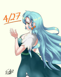 Rule 34 | 1girl, 588arch, aqua hair, bow, braid, breasts, chloe (fire emblem), cleavage, dated, dress, fire emblem, fire emblem engage, from side, green eyes, highres, large breasts, long hair, looking at viewer, nintendo, orange bow, side braid, teardrop earrings