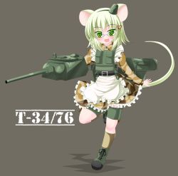 Rule 34 | 1girl, :d, animal ears, apron, blush, boots, brown socks, camouflage, camouflage shirt, camouflage skirt, cannon, collared shirt, commentary request, cross-laced footwear, dress shirt, frilled apron, frilled skirt, frills, full body, glasses, green eyes, green footwear, green hair, green hat, grey-framed eyewear, grey background, hair ornament, hat, heart, heart hair ornament, highres, juliet sleeves, kanijiru, kneehighs, lace-up boots, long hair, long sleeves, looking at viewer, mini hat, mouse ears, mouse girl, mouse tail, open mouth, original, personification, puffy sleeves, shadow, shirt, skirt, smile, socks, solo, tail, tilted headwear, turret, white apron