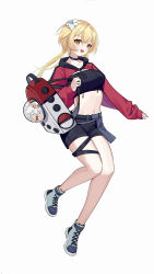 Rule 34 | 2girls, :d, absurdres, alternate costume, backpack, bag, bare legs, black choker, black shorts, blonde hair, blush, breasts, casual, choker, commentary request, contemporary, flower, full body, genshin impact, hair flower, hair ornament, highres, leg ribbon, long hair, long sleeves, looking at viewer, low twintails, lumine (genshin impact), medium breasts, midriff, multiple girls, navel, open mouth, paimon (genshin impact), ribbon, shoes, short shorts, shorts, shrug (clothing), simple background, smile, sneakers, stomach, strapless, suyujiu u, thigh ribbon, thighs, tube top, twintails, white background, white flower, white hair, yellow eyes