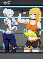 Rule 34 | 2girls, ass, blonde hair, blue eyes, covered erect nipples, english text, fake phone screenshot, fake screenshot, flexing, highres, mechanical arms, multiple girls, muscular, muscular female, older sister, pants, ponytail, purple eyes, rwby, showing off, single mechanical arm, snapchat, spellcaster knight, tank top, white hair, winter schnee, yang xiao long, yoga pants